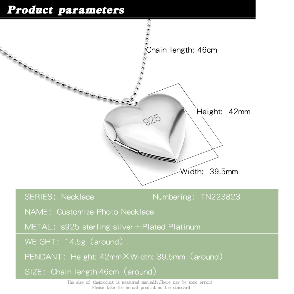 DIY Photo Necklace 100% 925 Sterling Silver Heart Photo Box Pendant Long Bead chain Woman Jewelry gGift: Big  style 81cm