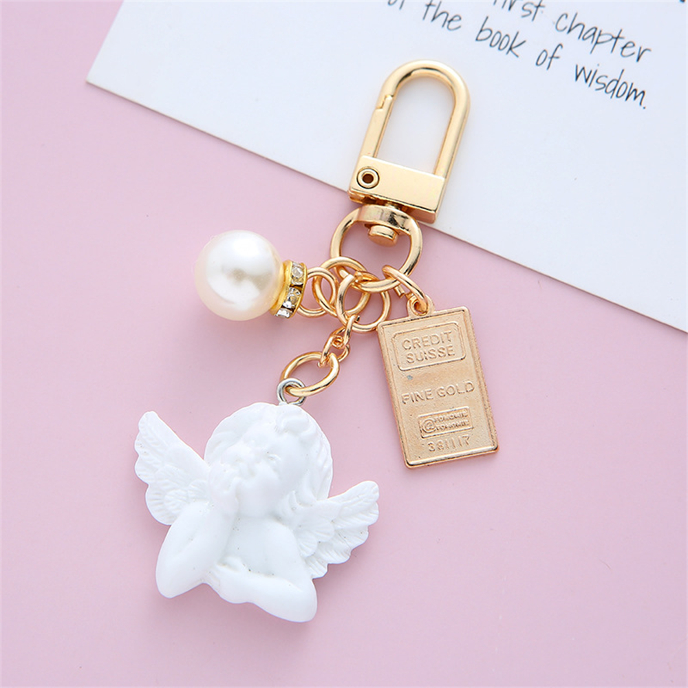 LLavero de Ángel Blanco Vintage para mujer y niña, Mini llavero con forma de corazón de perla, soporte para llavero de coche, joyería con dijes para bolso: BLANCO