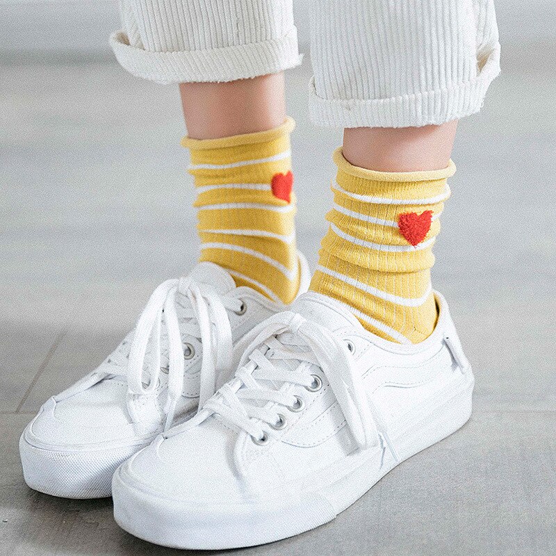 Autumn Winter Soft Cotton Striped Love Heart Women Socks Curling Piled Literary Loose Tube Japanese Kawaii Cute Socks