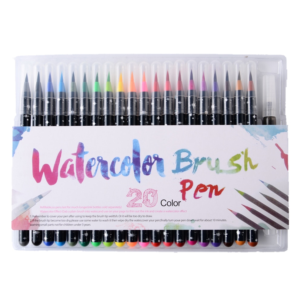 20 farver akvarel pensel sæt blød vandpensel kunst til skoleartikler papirvarer tegning malebøger manga kalligrafi