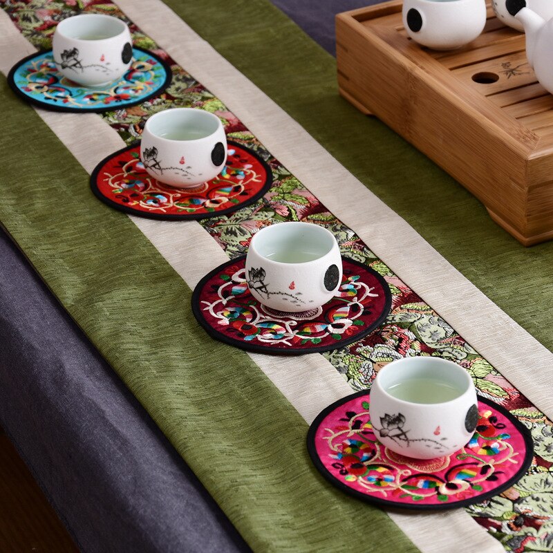 Vintage Etnische Bloemen Theekopje Mat Ronde Moderne Chinese Stof Geborduurde Onderzetters Thuis Duurzaam Isolatie Pads Cup Mat