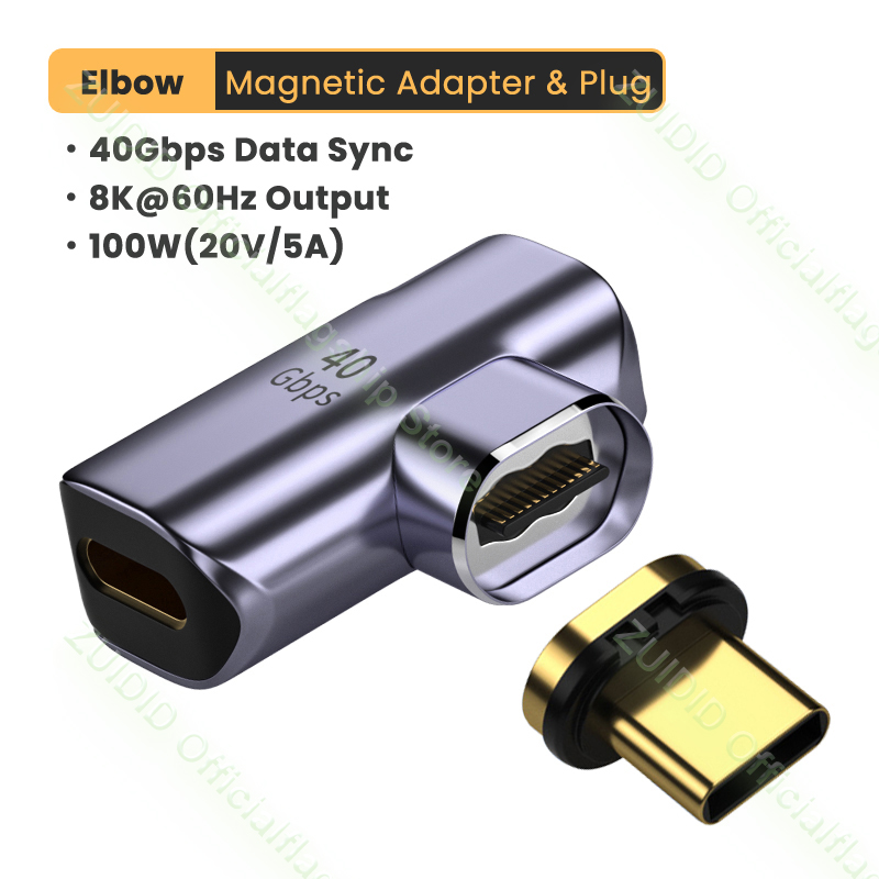 Elbow USB4.0 Thunderbolt3 40Gbps Magnetic Adapter USB C to C 100W Fast Charging Magnet Converter Cable 8K@60Hz USB TypeC Adapter: grey