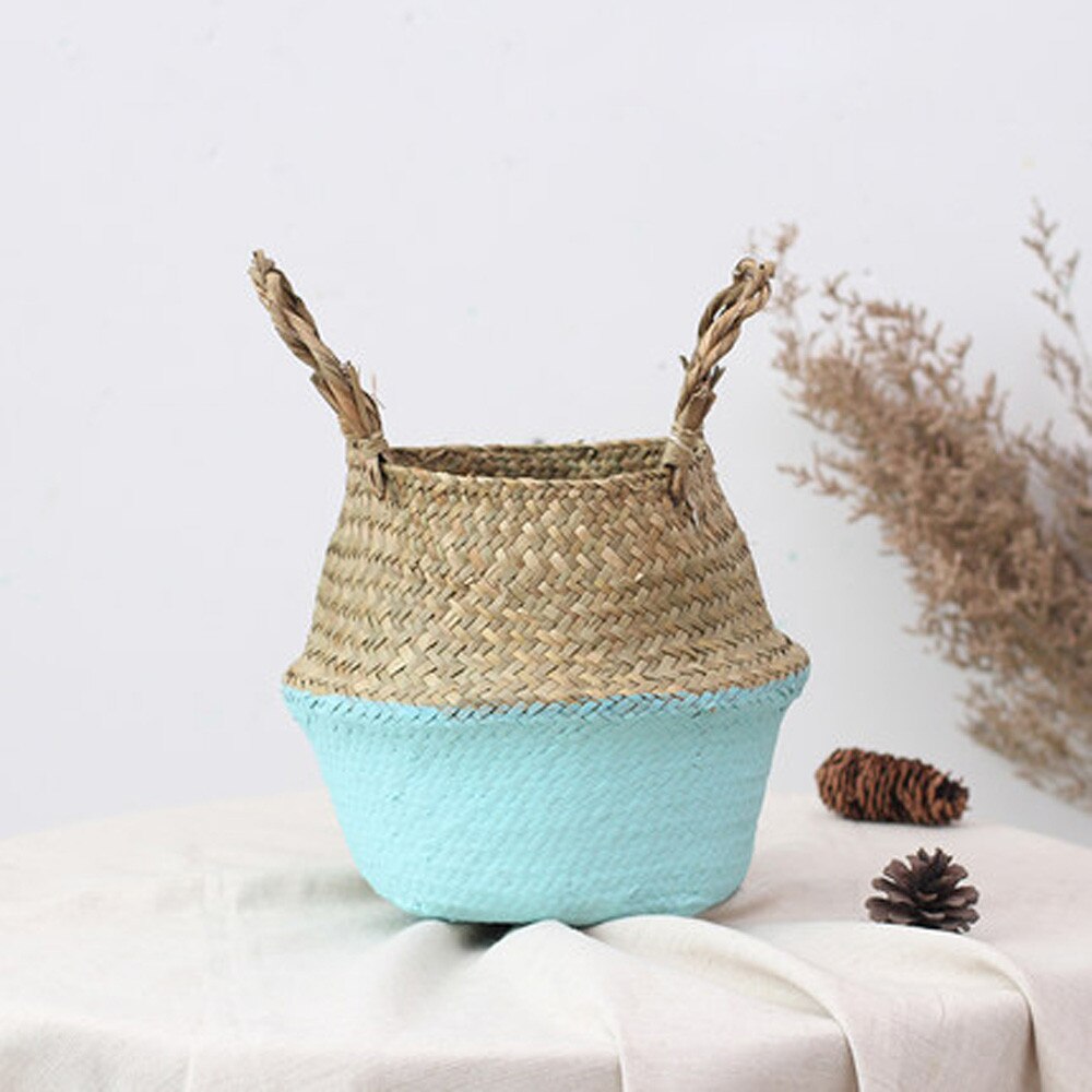 Mini cestas plegables de bambú para almacenamiento, colada, paja, Patchwork, mimbre, algas marinas, vientre, maceta, maceta, cesta hecha a mano: Blue 