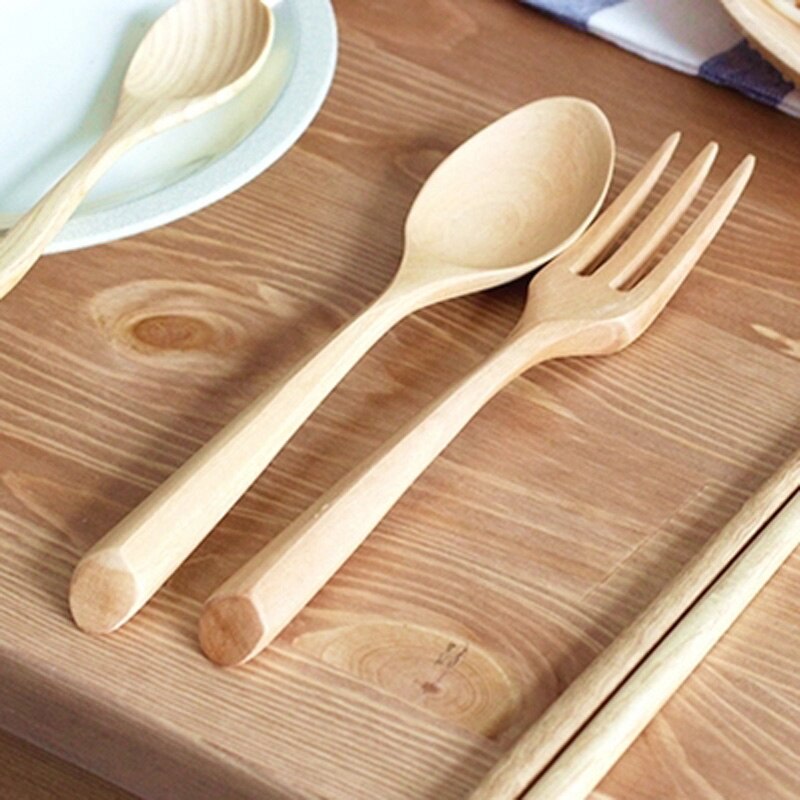 Natuurlijke Hout Serviesje Handgemaakte Salade Diner Vork Desert Theelepel Houten Bestek Set Voor Kinderen Keuken Picknick Servies