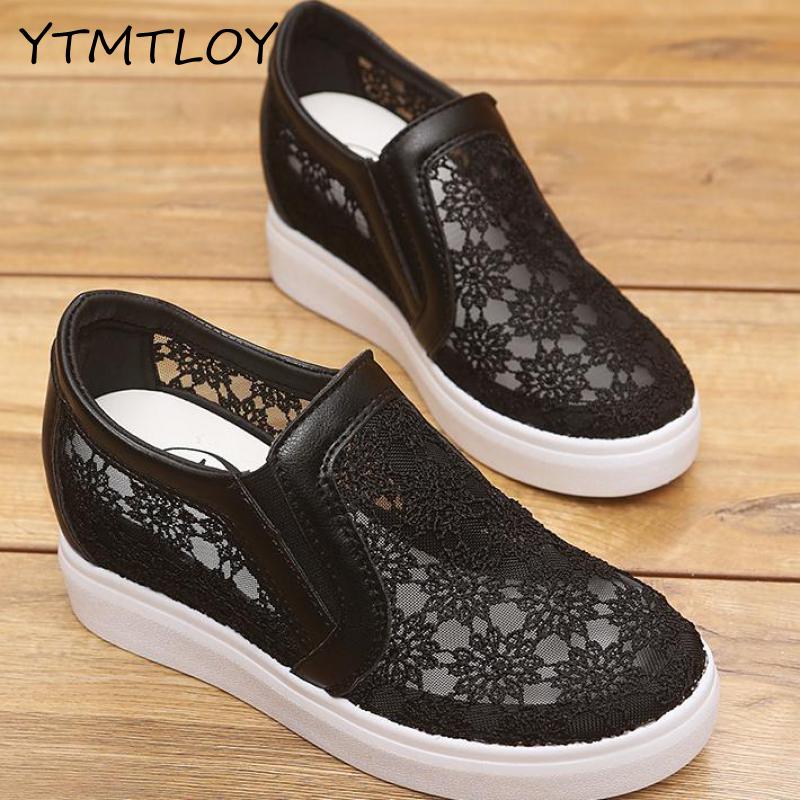 Damesko air mesh kvinde loafers flade platforme kvindesko casual wedges damesko højdeforøgende fodtøj