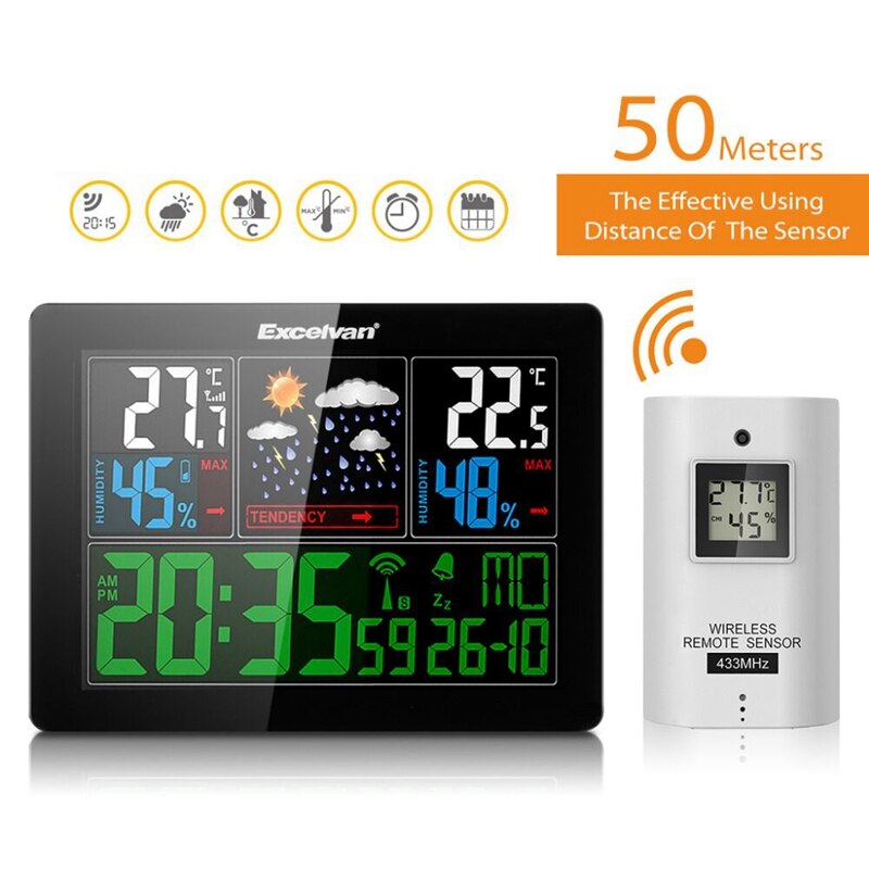 Wireless Smart Weather Station Digital Thermometer Hygrometer Temperature Humidity Meter Color LCD Weather Forecast Clock Alarm