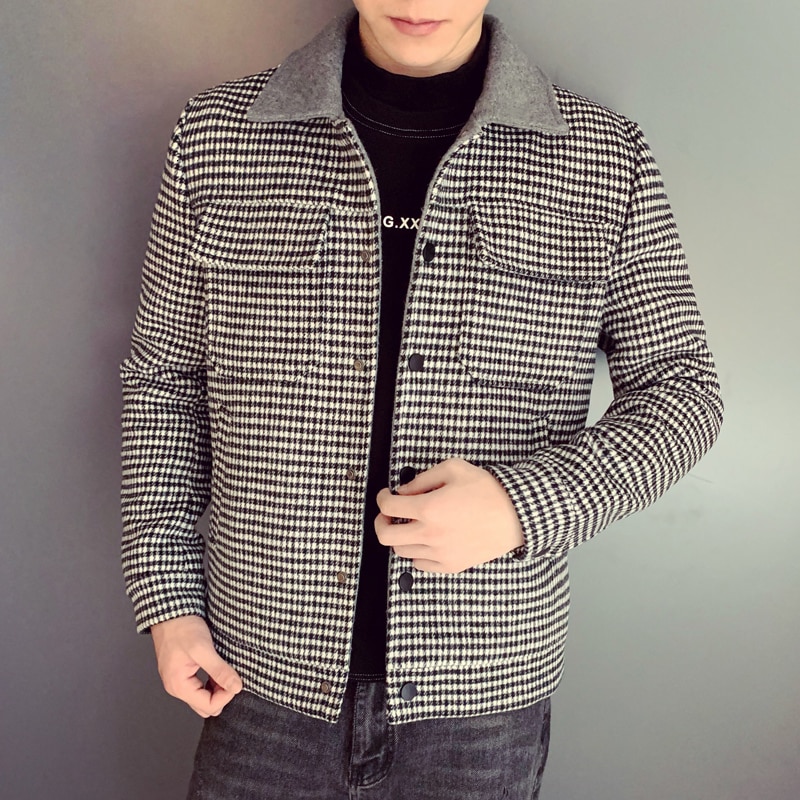 Efterår vinter frakke uld frakke grå kaffe plaid smart afslappet herre uld frakke england mellemlange frakker jakker slim fit mandlige