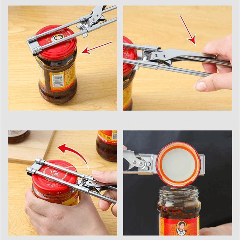 Abridor de botellas multifunción ajustable, tapas de acero inoxidable, abridor de tarros, abrelatas de tornillo que ahorra trabajo para herramientas de cocina