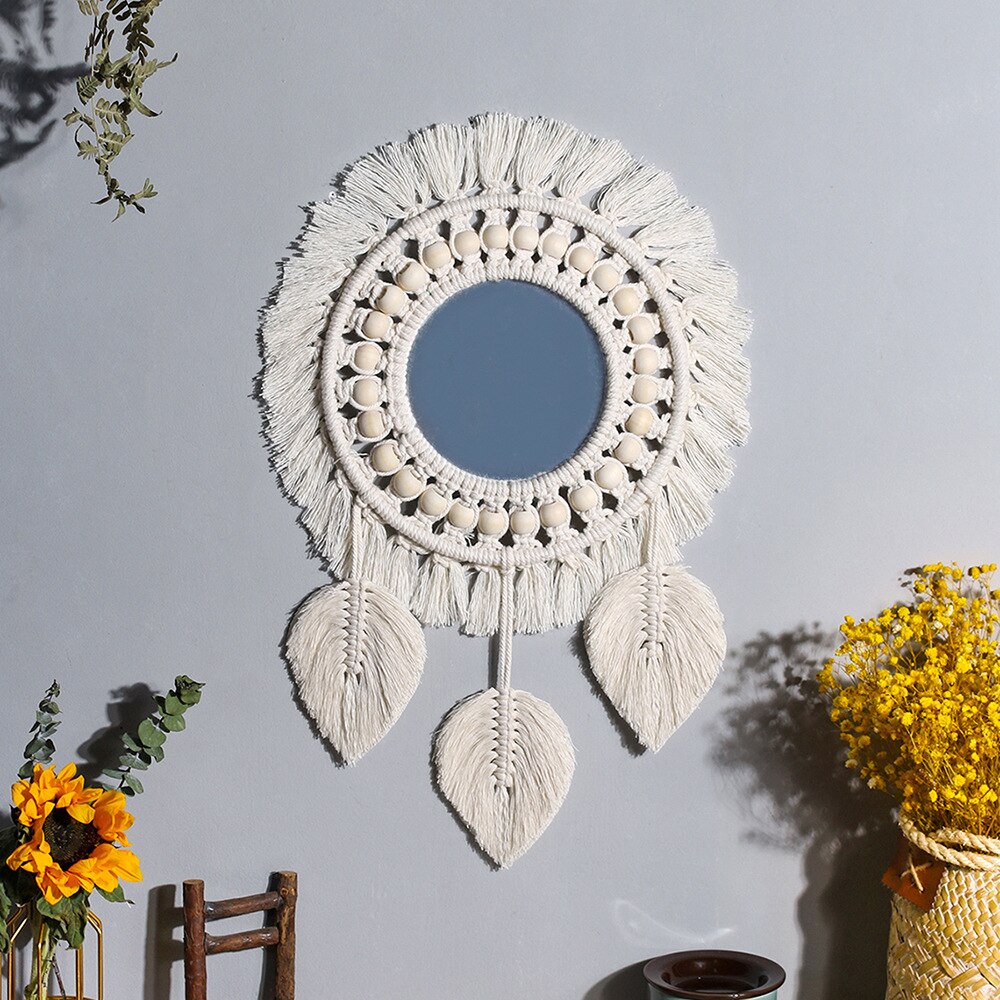 Espejo de pared colgante con flecos de macramé, redondo, bohemio, decoración artística para apartamento, sala de estar, dormitorio de bebé, guardería, entrada