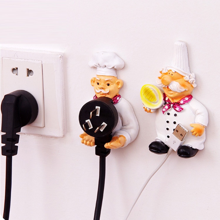1pcs Chef Cartoon Resin Socket Power Cord Socket Storage Hook Rack Multifunctional Stick Hook Plug Hook Rack