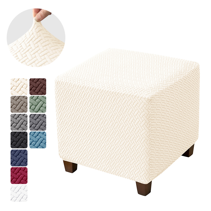 1PC Effen Jacquard Poef Hoes Vierkante Kruk Cover Elastische Fauteuil Voetsteun Cover Slaapkamer Voetenbank Case voor Woonkamer: WHITE
