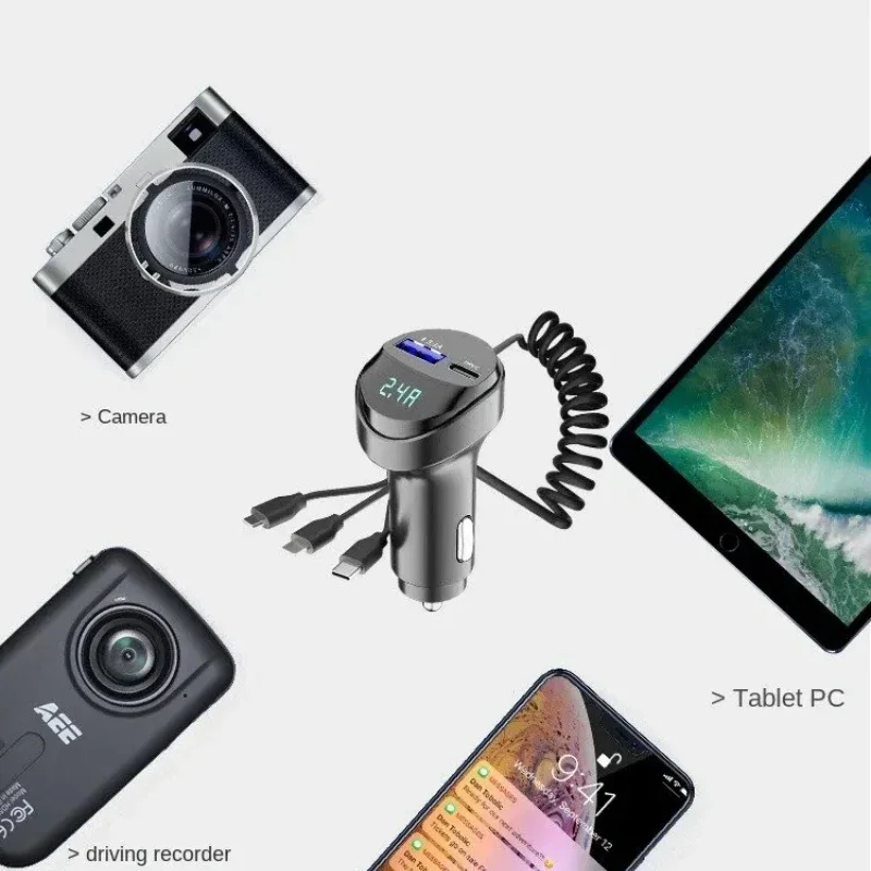 newSnel opladen 55w auto multifunctionele 2 poorten USB-autolader drie in één USB intrekbare oplaadkabel met spanningsweergave