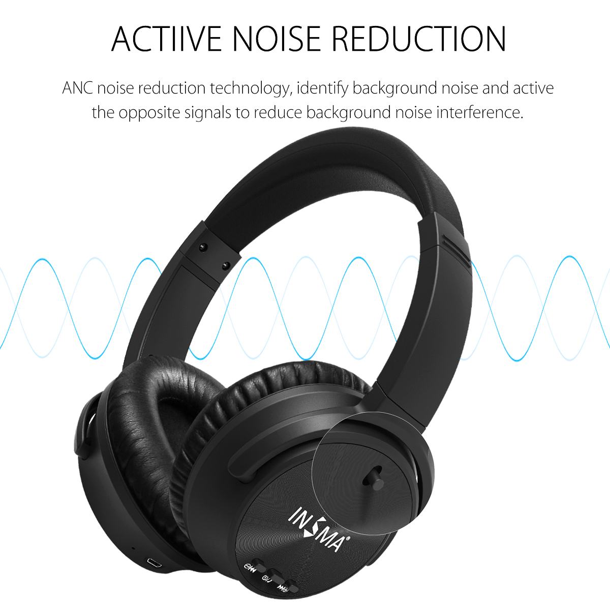 INSMA ANC bluetooth casque actif suppression du bruit casque sans fil avec Microphone écouteur basse profonde musique 20H temps de jeu