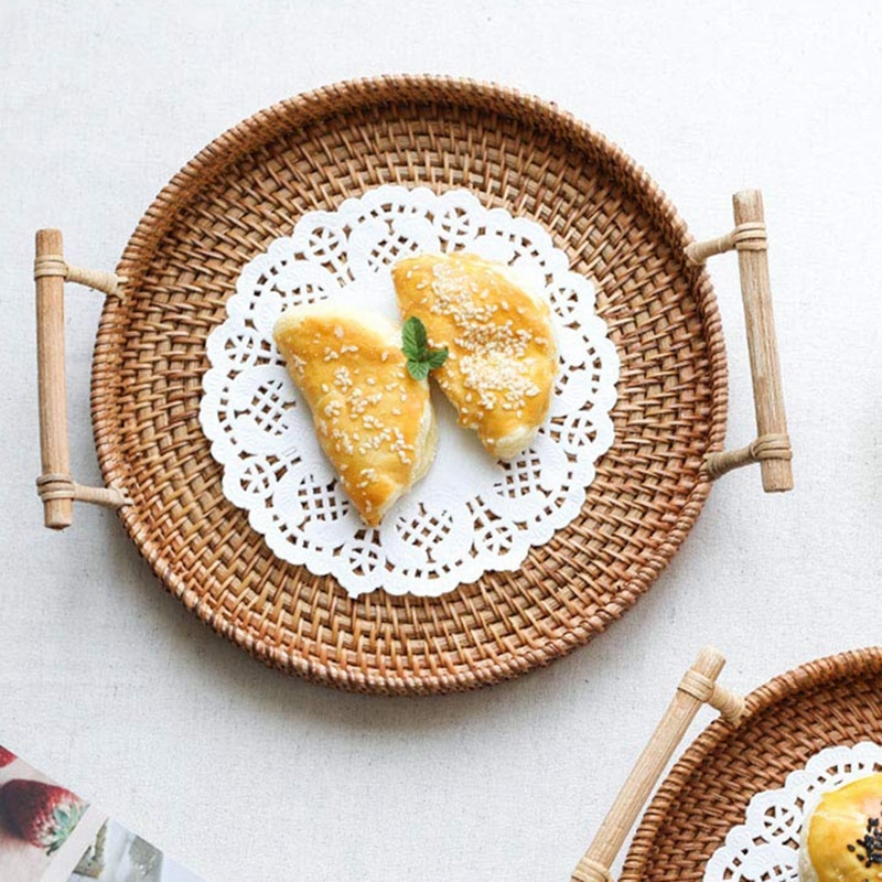 Plateau de rangement en rotin, panier rond avec poignée, tissé à la main, plateau en rotin panier en osier pain fruits nourriture petit déjeuner affichage L