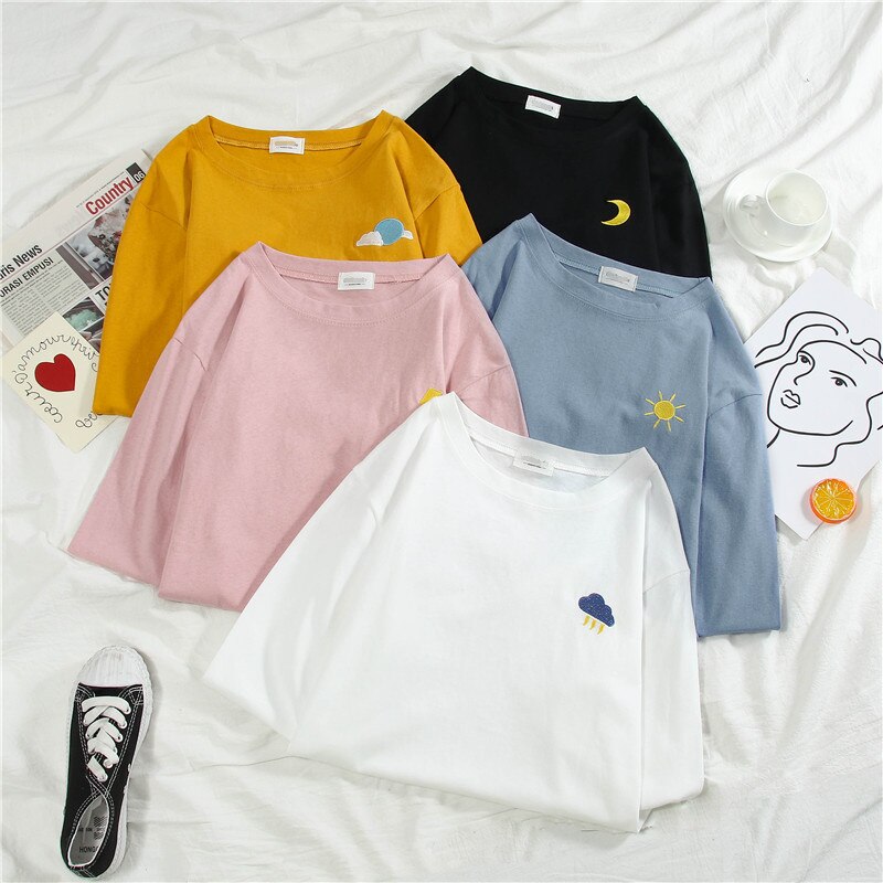 Kvinder tegneserie broderi t-shirts harajuku enkel t-shirt efterår lange ærmer afslappet løs t-shirt studerende sjove t-shirt toppe