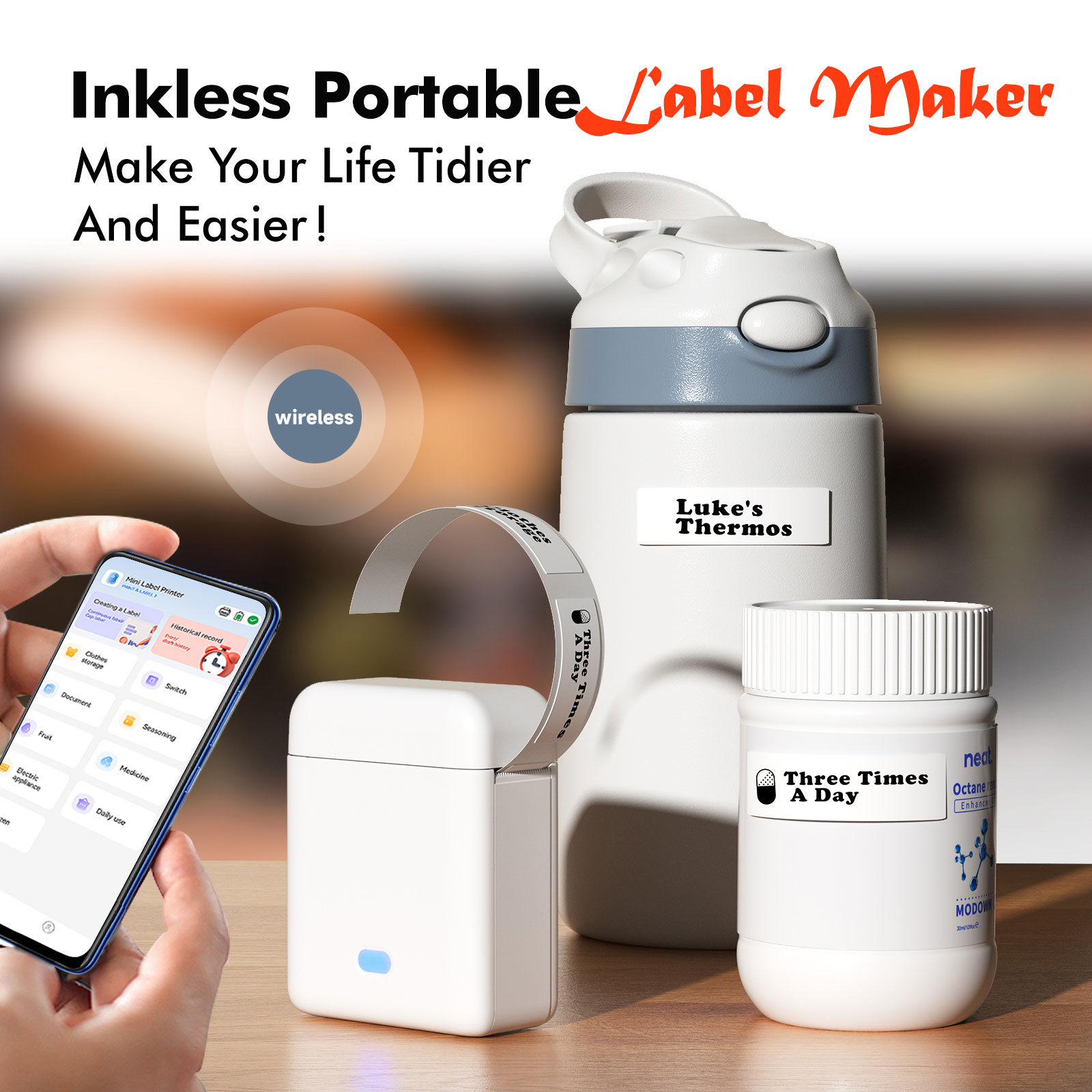 Mini Label Printer， Portable Thermal Printer ，Self-Adhesive Sticker Labeling Machine， Wireless Bluetooth，Inkless Printer
