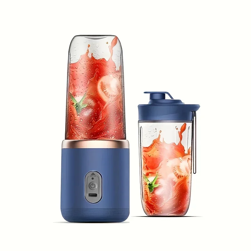 1 tragbarer Entsafter mit zwei Tassen – über USB wiederaufladbar, kompakt und langlebig, inklusive Trageband, perfekt für Smoothies und Frühstück unterwegs.: Blau