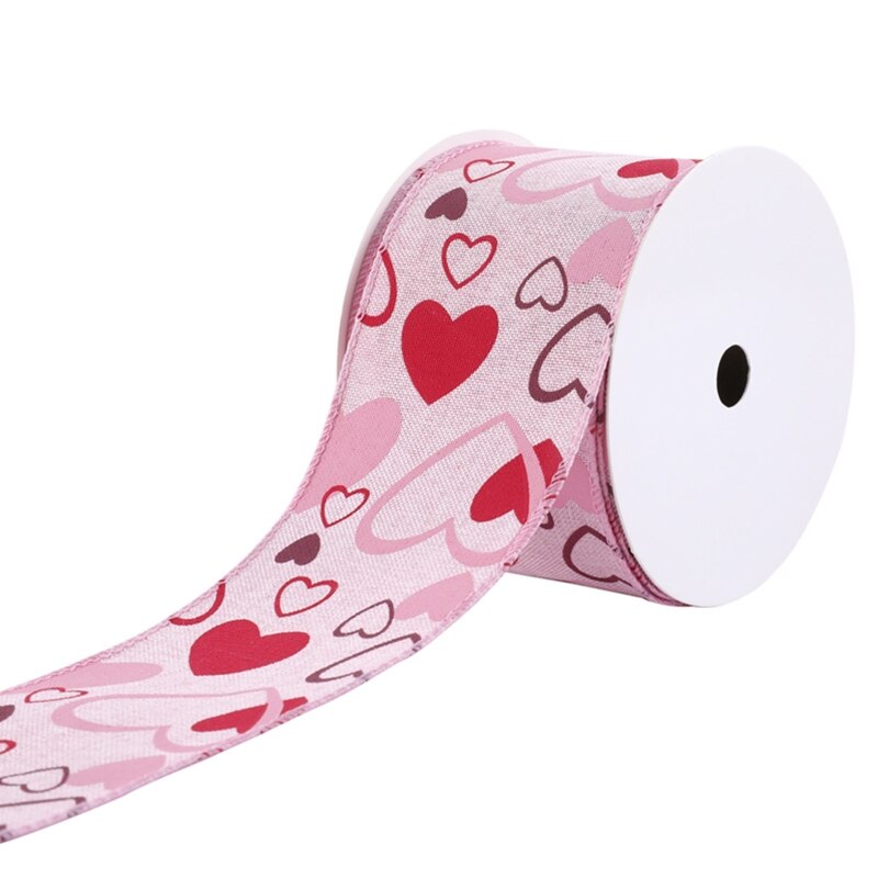 69HF 10 Yards Heart Stripe Printed Ribbon Valentine's Day Mother's Day Satin Ribbons for Wrapping DIY Craft: Pink love