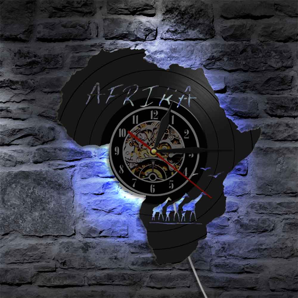 Afrikanische Vinyl aufzeichnen Wanduhr Heimat Dekor Kunst Zauberstab Hängen Uhr Einzigartige Moderne Afrika Karte Silhouette Uhren Mit LED Beleuchtung