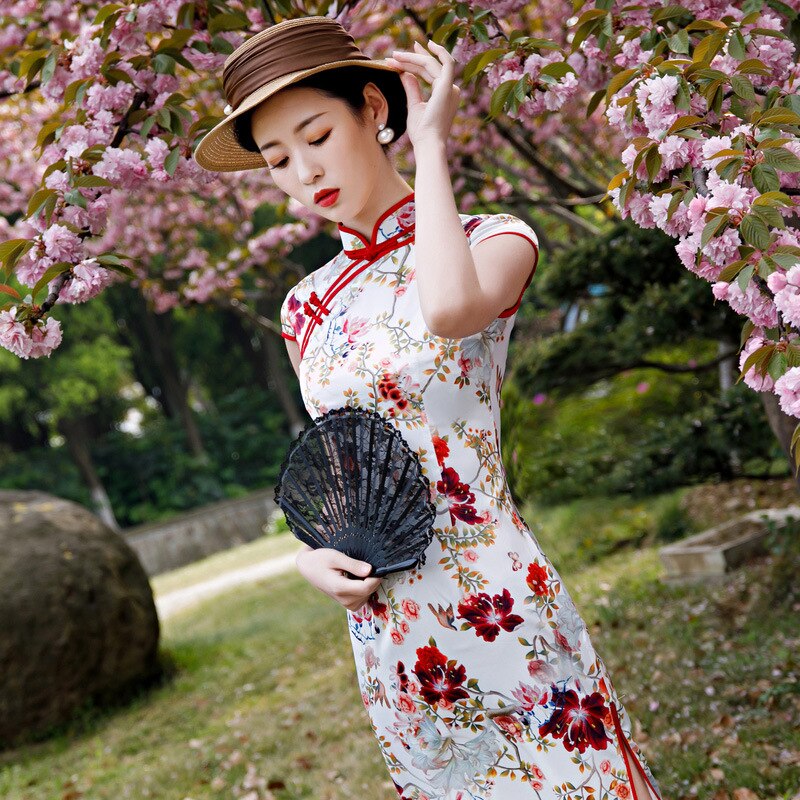 Vestido Qipao largo de estilo chino Vintage hecho a mano con botón Cheongsam para mujer con cuello mandarín vestido tradicional talla 4XL