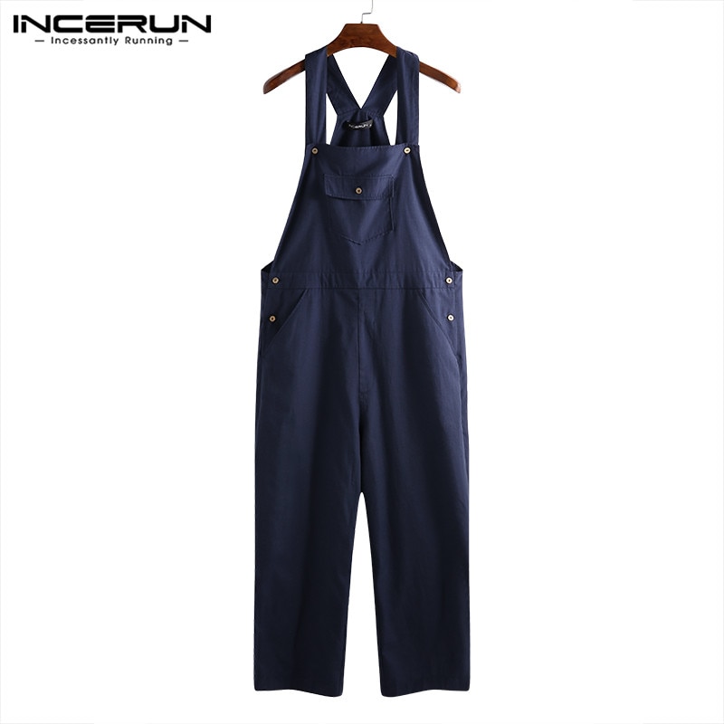 Men Jumpsuit Rompers Joggers Streetwear Solid Color Pants Pockets Loose Strap Suspenders Men Overalls Harajuku INCERUN 5XL