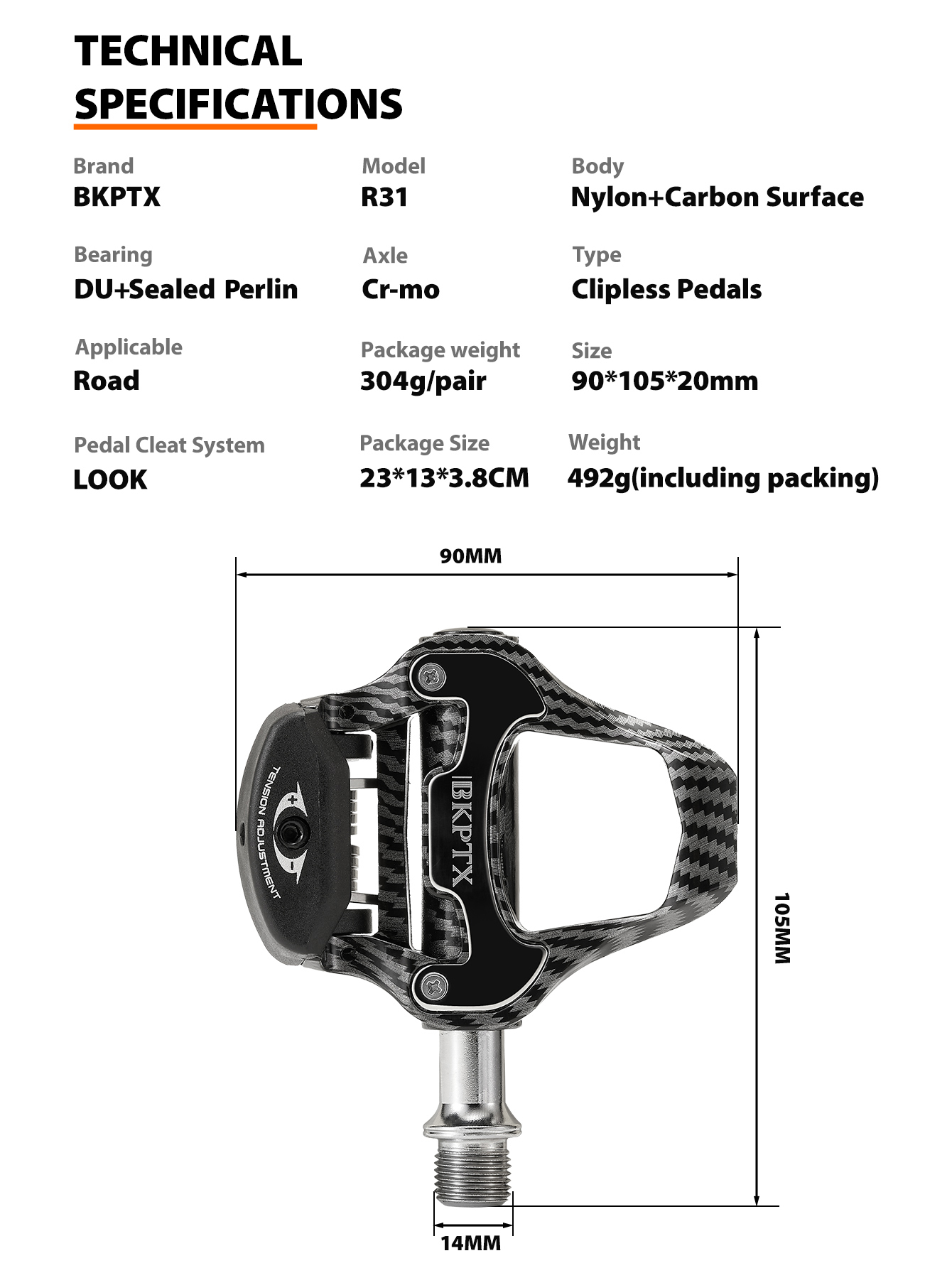 BKPTX R31 Road Bike Pedal Carbon Fiber Bearings Pedal For Look Keo Self-Locking Bicycle Pattern Ultra Light Pedals
