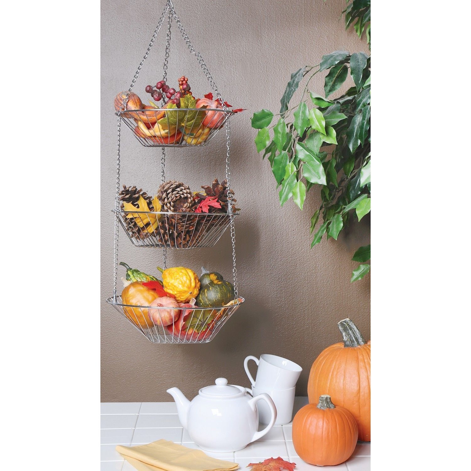 3 Tiers Wire Chain Hanging Basket Fruit Plant Food Organizer Kitchen Storage Wrought Iron Fruit Hanging Basket