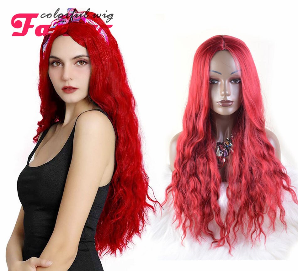 Peluca de cabello rizado largo para mujer, pelo ondulado rojo de 26 pulgadas, parte media, sintético, resistente al calor, para disfraz diario de Cosplay