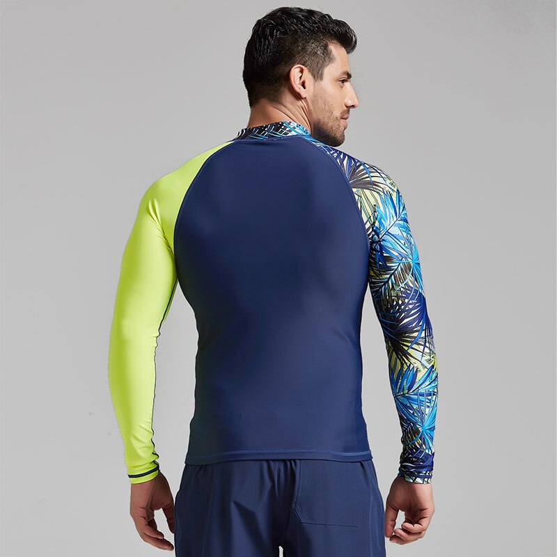 Mænds langærmet rashguard svømmetrøje uv solbeskyttelse upf 50+  kompression colorblock print t-shirt ydeevne fit hud lycra