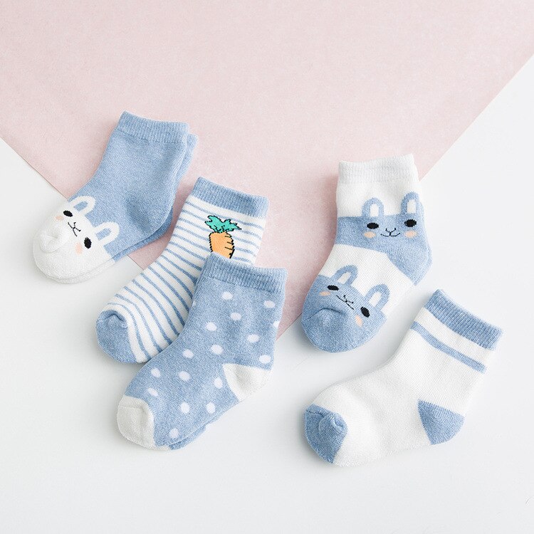 LINLING 5 Paare freundlicher Winter Dicke Warme Socken Baby Jungen Mädchen Baumwolle Socken Herbst freundlicher Neue Nette Karikatur Kaninchen Socken v103: Himmel Blau / M(1-3Y)