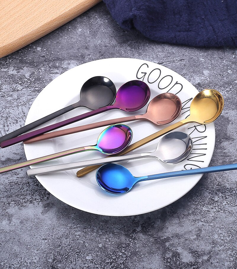 2pcs set, colorful stainless steel round spoon, kids serving spoon set, table spoon, salad servers, buffet serving set, dinner