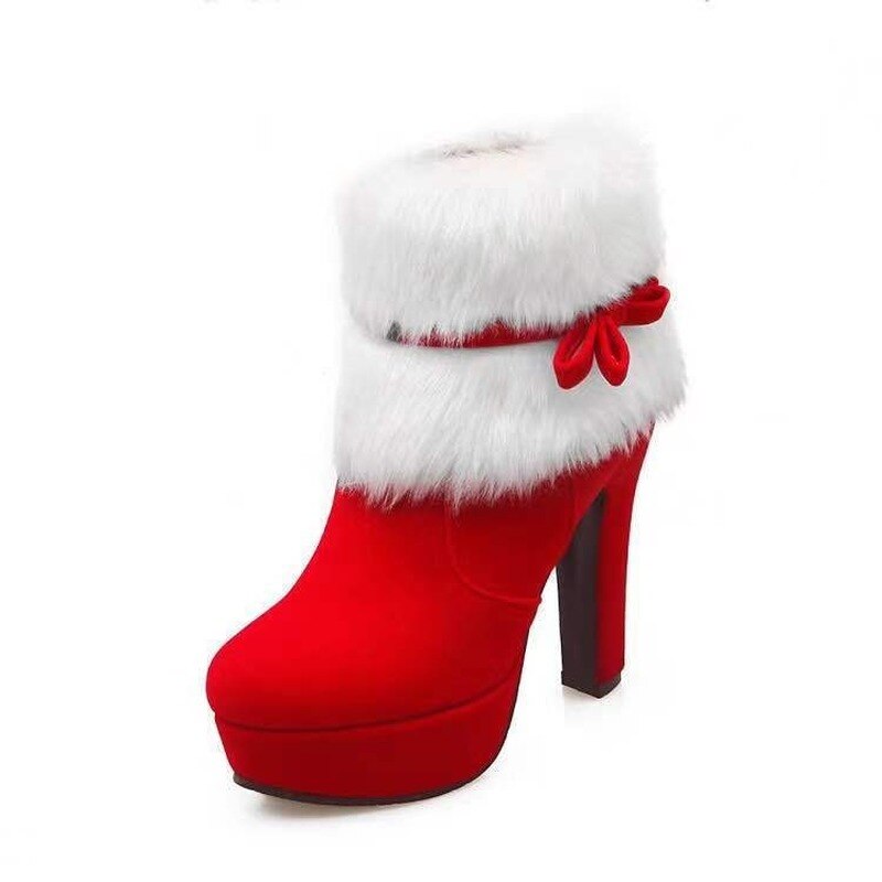 Femmes bottines noël talons hauts plate-forme chaussures Femme hiver fourrure bottes courtes rouge noir dames chaussures de fête grande taille
