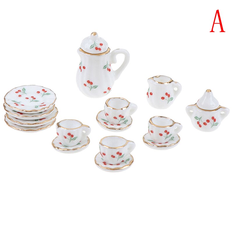 4 patronen 1:12 Miniatuur 15Pcs Porseleinen Kopje Thee Set Sits Bloem Servies Keuken Poppenhuis Meubels Speelgoed Voor Kinderen: A