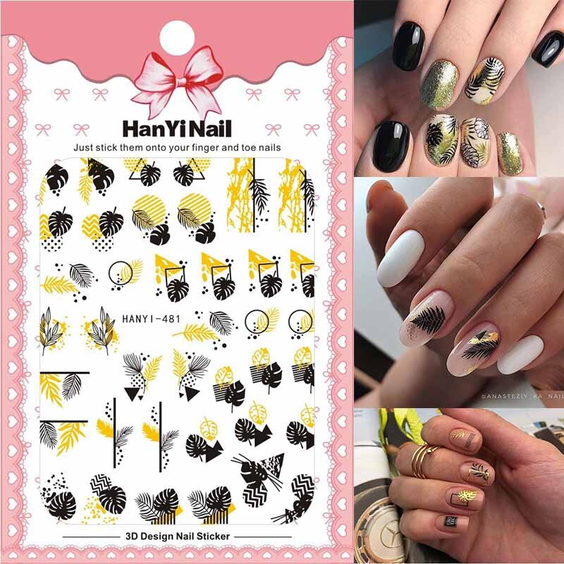 3D Nail Art Sticker Voor Manicure Decoratie Zwart Goud Kleuren Geometrische Lijnen Bladeren Ultra Dunne Slider Nail Lijm HY004: 481