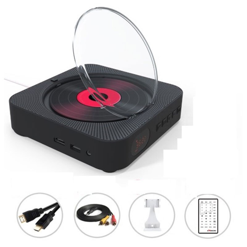 Ścienny odtwarzacz CD Bluetooth z wyświetlaczem przenośny odtwarzacz muzyczny USB odtwarzacz DVD z wbudowanym głośnikiem czarny
