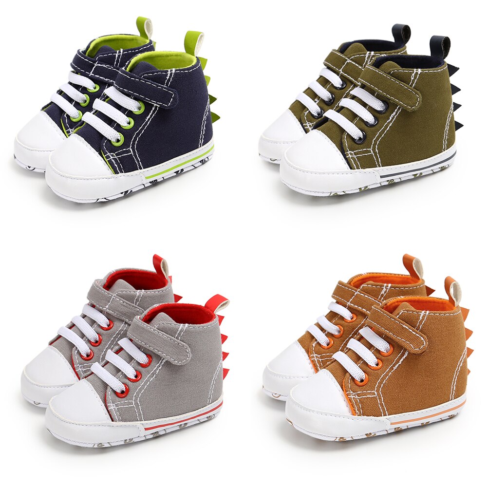 Focusnorm 0-18m spädbarn baby pojke höstskor high top sneakers mjuk sula anti-halk krokögla dinosaurie toddler canvas skor