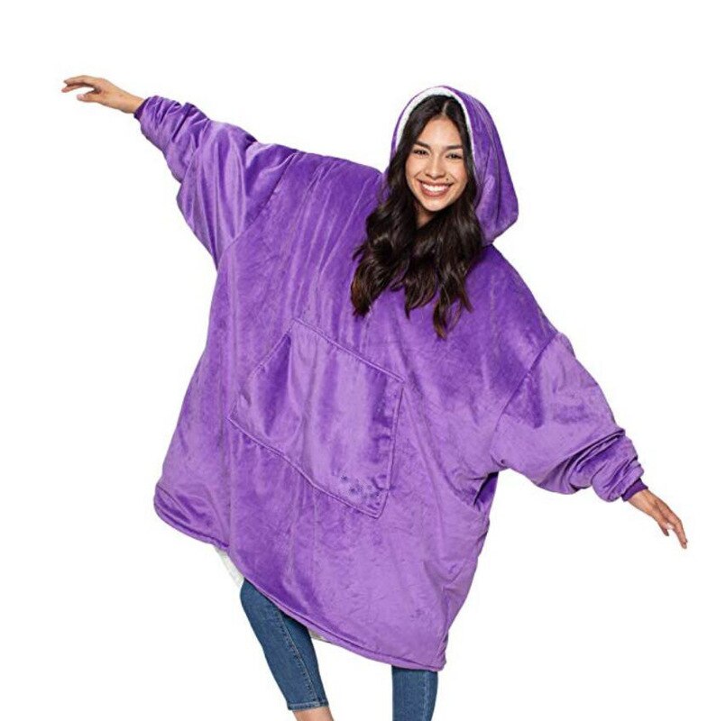 Fleece tæppe med ærmer udendørs hætte lommetæpper varm blød hættetrøje skrå morgenkåbe badekåbe sweatshirt pullover