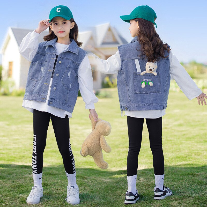 Gilet di jeans per ragazze primavera 2022 nuovo abbigliamento esterno gilet per bambini autunno gilet 4 5 6 7 8 9 10 gilet per bambini invecchiato cappotto abbigliamento per ragazze