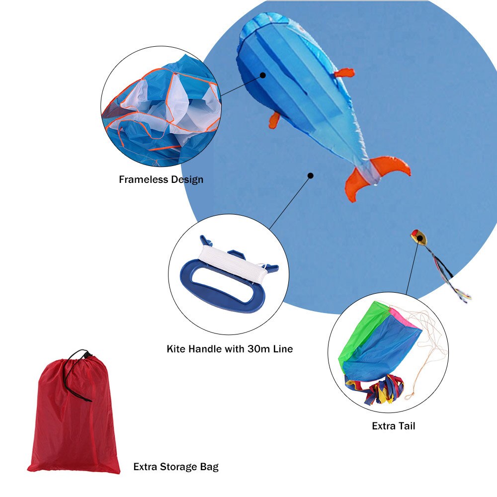 3D Enorme Soft Parafoil Giant Dolphin Blue Kite + 30M Handvat Lijn Outdoor Sport Makkelijk te Vliegen Frameloze Outdoor sport Strand Outdoor