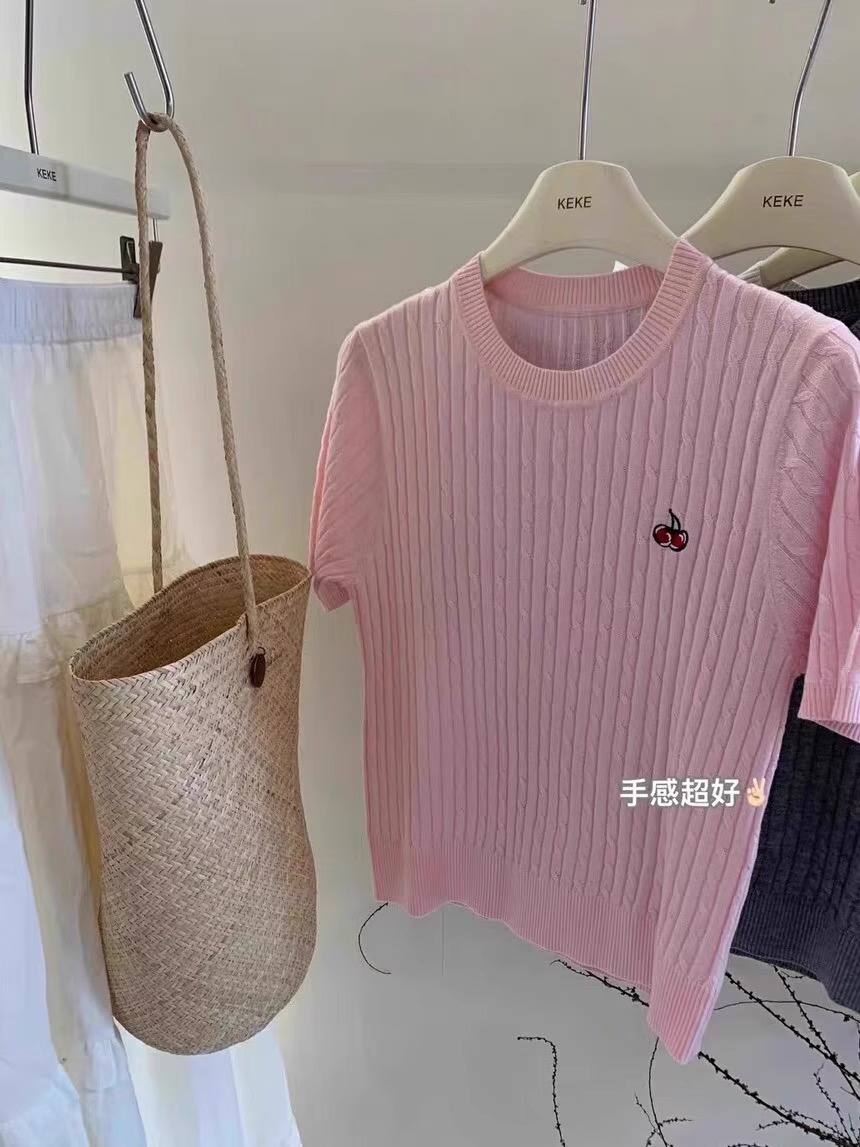 Camisola de caxemira bordada cereja feminina, manga curta, gola redonda, meia manga fina, camiseta de verão, estação europeia