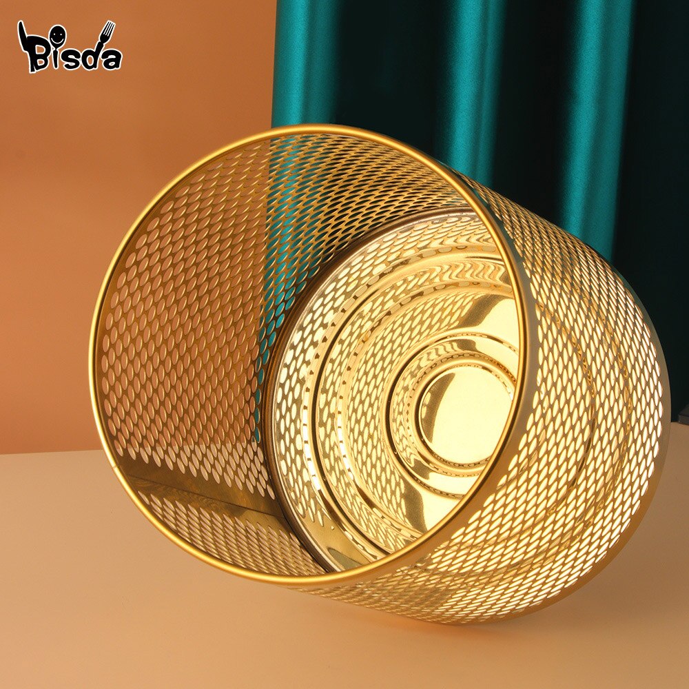1Pc Stainless Steel Kitchen Trash Can Office Gold Mesh Trash Bin Home Waste Bin Car Storage Bucket Living Room Garbage Basket