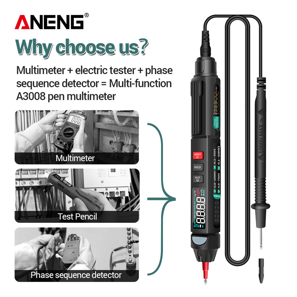 Aneng  a3008 digital multimeter automatisk intelligent sensor penntestare 6000 siffror beröringsfri spänningsmätare multimeter polimetro