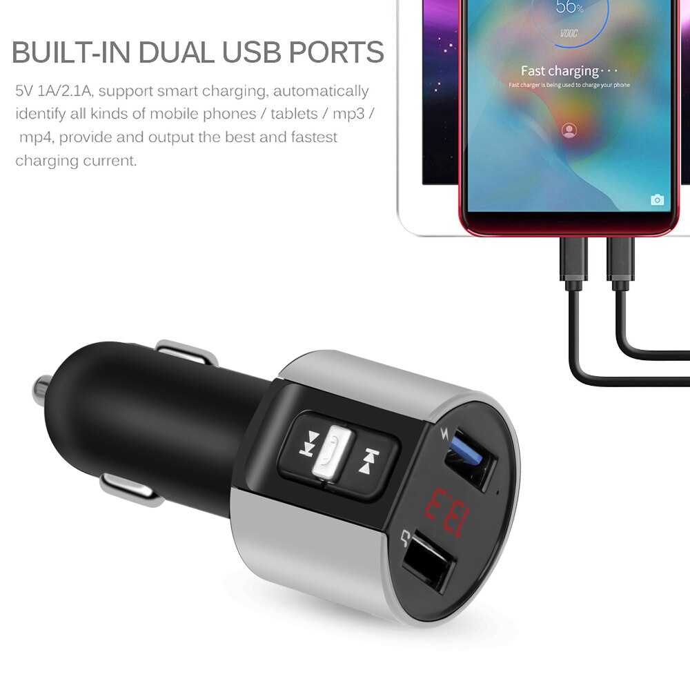 Cargador USB de 5V y 2.1A con Bluetooth, transmisor FM, pantalla LED, cargador de coche para iPhone 12, Xiaomi, Samsung, adaptador de teléfono móvil