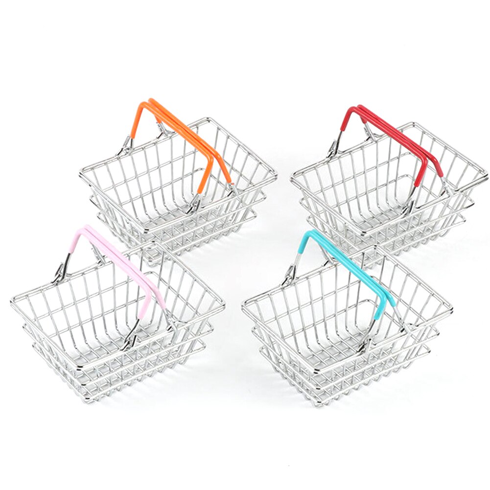 Children Miniature Metal Supermarket Shopping Basket Pretend Role Play Toy for Kitchen Fruit Vegetable Grocery Storage