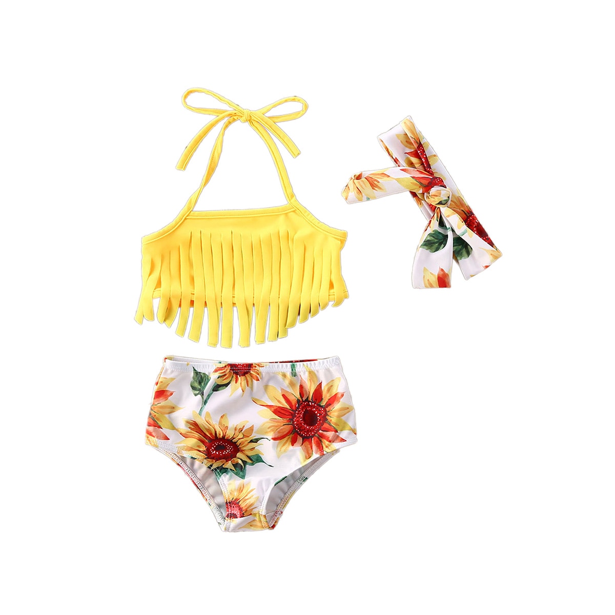Ensemble de 0-3y maillots de bain pour bébé fille, avec pompons, licou, short, nœud, bandeau, 3 pièces, bikini d'été pour enfants, motif léopard et tournesol: Jaune / 6m