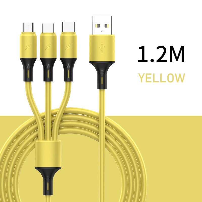 3 in1 2.4A USB Type C Fast Charging Data Cable One For Three Apply To Android Apple Type-C Smartphone 1.2m Nylon Braided Wire: B-YELLOW