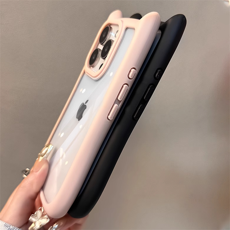 Cartoon 3D Cute Cat Ears Silicone Bumper Shockproof Phone Case For iPhone 15 14 13 12 Pro Max 11 Transparent Acrylic Hard Cover