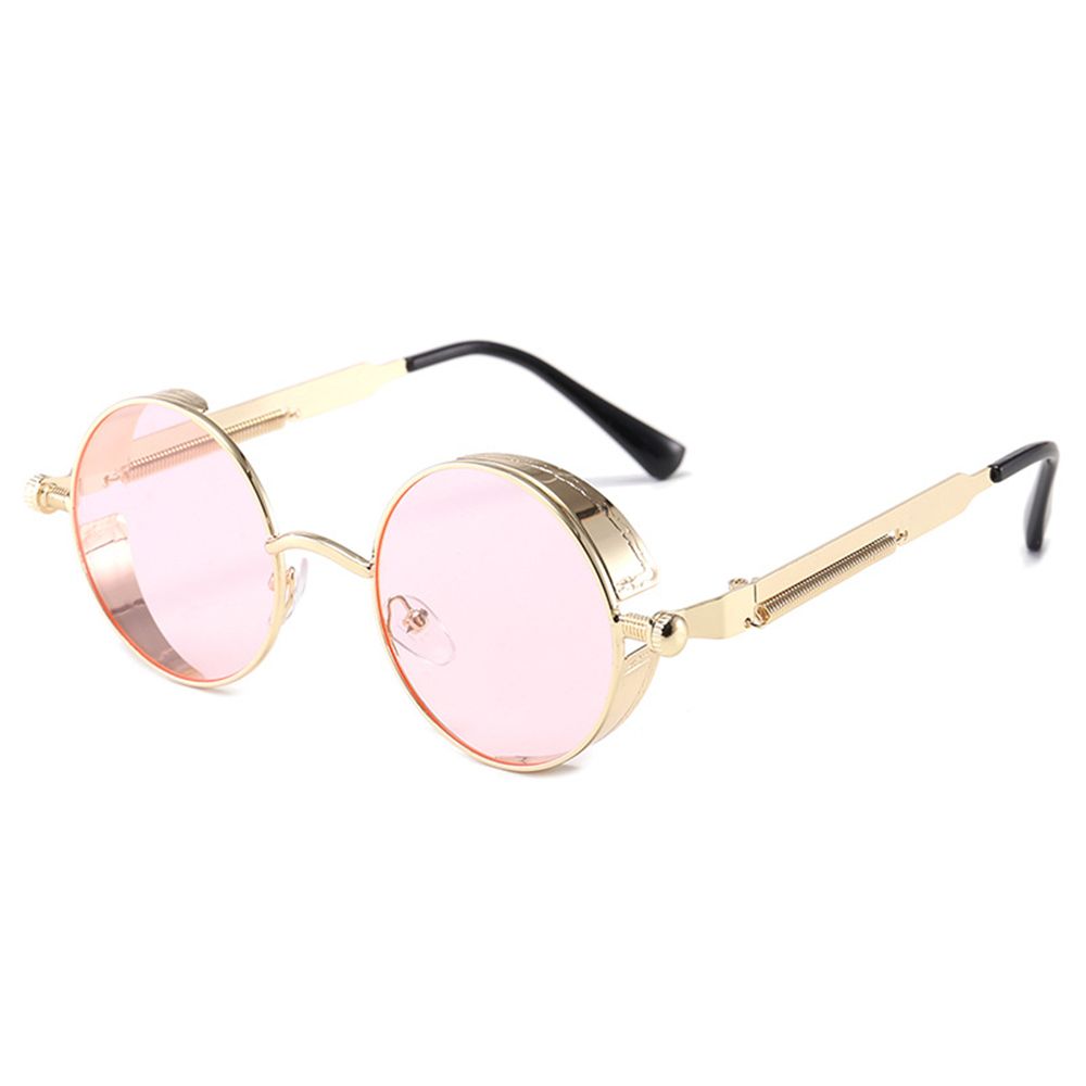 Steampunk Frauen Männer Runde Sonnenbrille Metallrahmen Brillen UV400 Schutz gotisch Jahrgang-Party Zubehör: Gold-Rosa