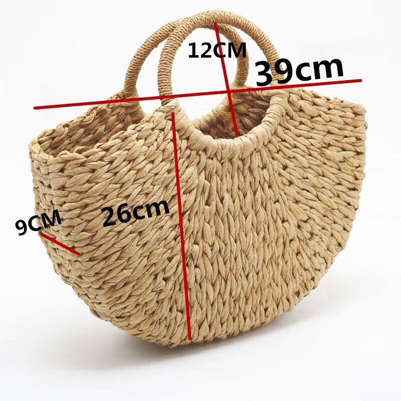 neue Handgemachte Tasche Frauen Pompon Strand Weben Damen papier Stroh Tasche Gewickelt Strand Tasche Mond geformt Tasche