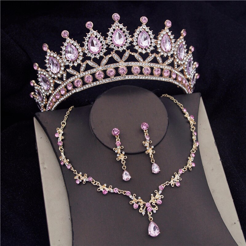 Baroque Crystal Bridal Jewelry Sets for Women Prom Tiara Crowns Earring Necklace Bride Wedding Jewelry Set: Pink Sets